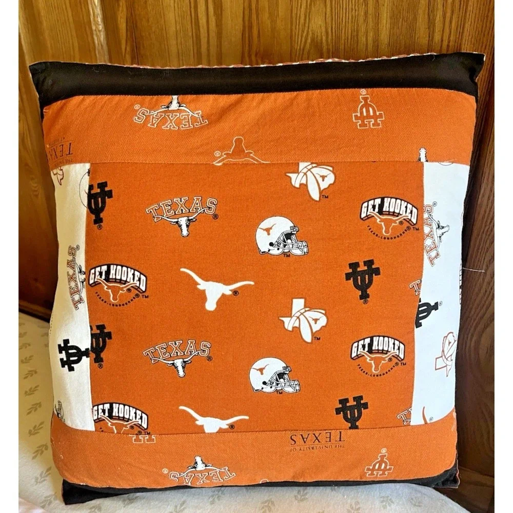 University of Texas Throw Pillow Handmade Quilted Longhorns Dorm Man Cave 12x12